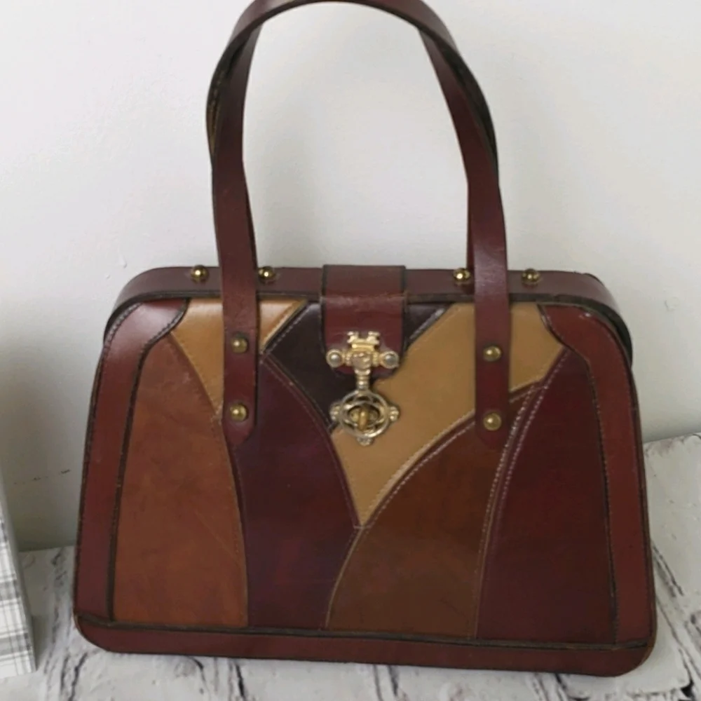 Vintage Leather Patched Satchel Handbag Browns Mid Century